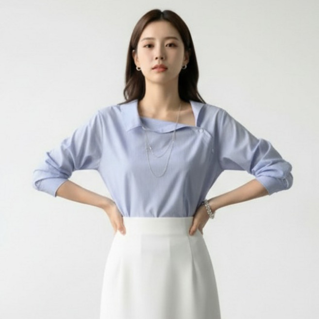 구디프 여성용 언밸런스 스퀘어넥 사선 버튼 오피스 블라우스