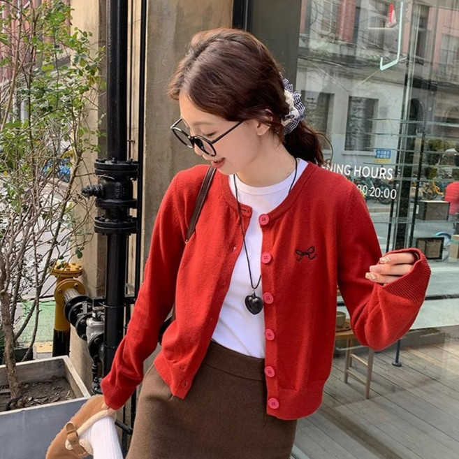 선빛 여성용 로지 리본 무지 라운드 가디건