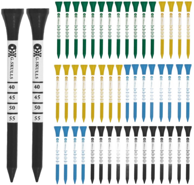 골든스컬 BAMBOO 대나무 높이조절 눈금 골프티 롱티 50p 세트, 블랙, 그린, 옐로우, 블루, 1세트
