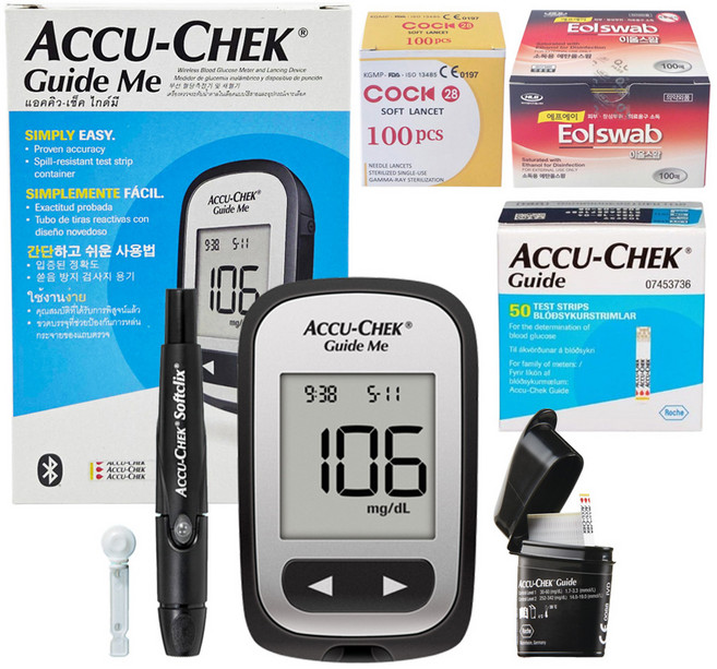 아큐첵 로슈 가이드 미 혈당측정기 채혈기 검사지 50p 채혈침 100p 알콜솜 100p, 1개, Accu-Chek Guide Me Kit