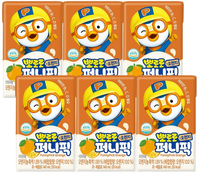 뽀로로 퍼니픽 오렌지 주스, 6개, 140ml