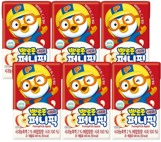 뽀로로 퍼니픽 사과 주스, 6개, 140ml