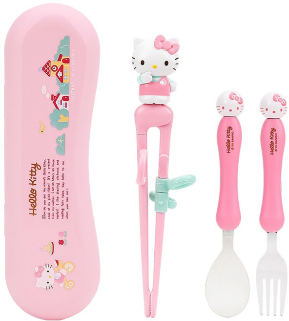 릴팡 헬로키티 더스틱 맥스 왼손용 수저통세트, 핑크, 1세트, 젓가락 + 스푼 + 포크 + 케이스