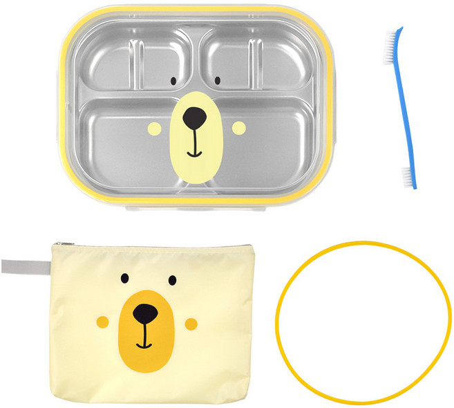 kitchen U 小熊不鏽鋼餐盤便當袋4格組, 混合顏色, 1套, 餐盤4格 + 便當袋 + 矽膠密封圈 + 清潔刷