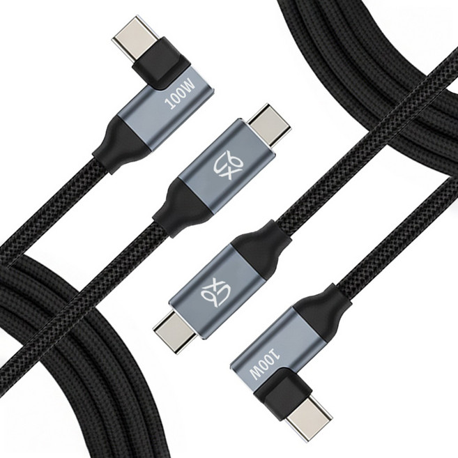 언박싱 C타입-C타입- 렉토 90도 L자형 PD 100W E Marker칩 초고속충전 케이블, 블랙, 2개, 3m