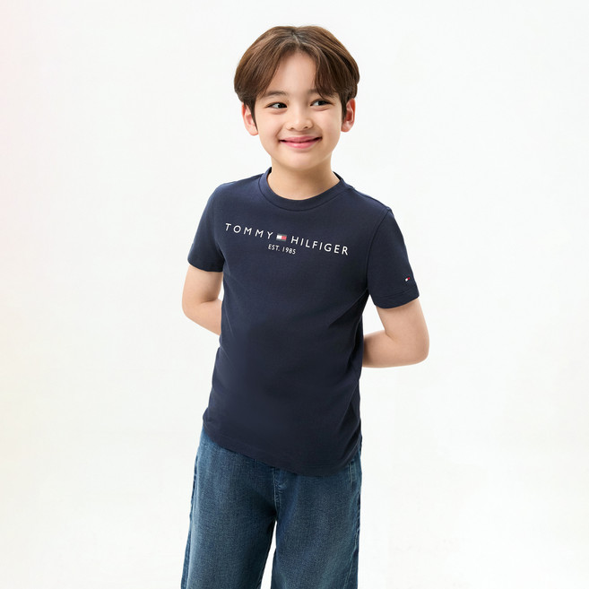 타미힐피거 키즈 남성용 헤리티지 로고 반팔 면 티셔츠
