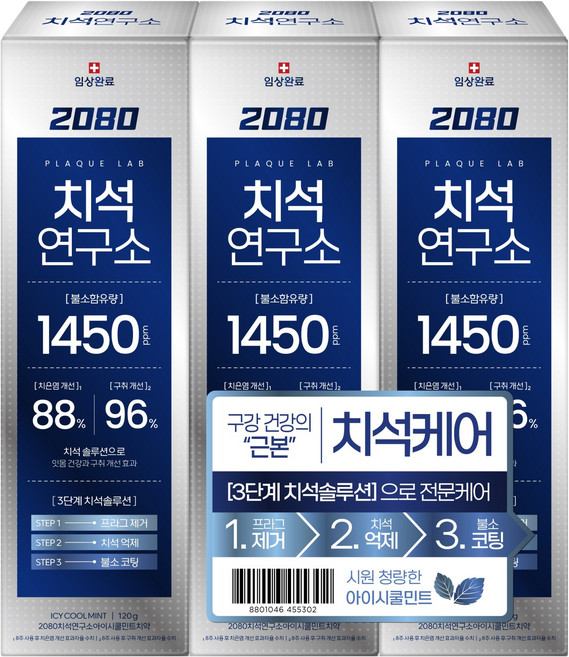 2080 치석연구소 고불소 치석케어 치약 아이시쿨민트, 120g, 3개