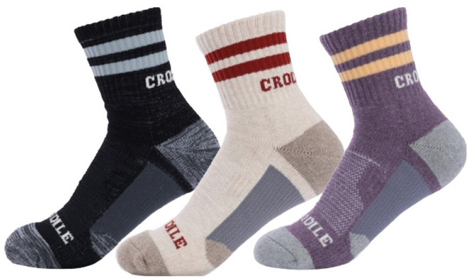 크로커다일 여성용 쿠션 스포츠 중목 등산양말 3족 세트 CD397, 차콜, 오트밀, 퍼플, 1세트
