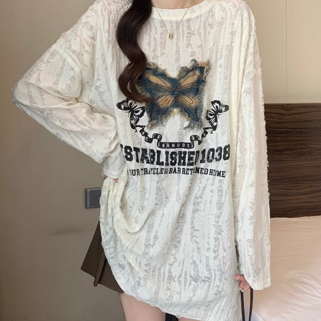 더시럽 여성용 빈티지 나비 긴팔 데미지 티셔츠