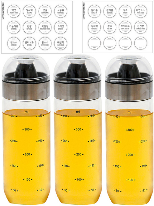 키텐실 블랙엣지 프리미엄 커브드 내열유리 오일병 + 라운드 베이직 스티커, 3개, 400ml