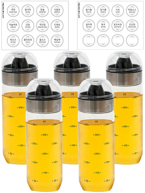 키텐실 블랙엣지 프리미엄 커브드 내열유리 오일병 + 라운드 베이직 스티커, 5개, 400ml