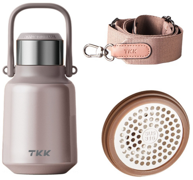 TKK 悅暢 316不鏽鋼可揹可提保溫壺 附杯 + 茶隔片 + 背帶, 粉砂金, 1個, 880ml