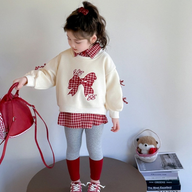 유블리 아동용 니엘라 체크 셔츠 레이어드 맨투맨 + 레깅스 세트