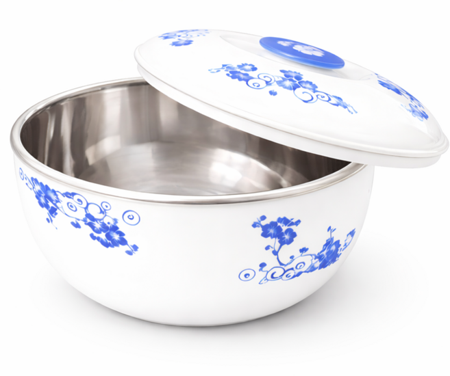 YOYOKI 雙層碗 304不鏽鋼碗 + 塑膠碗 + 蓋 中, 青花瓷, 1套