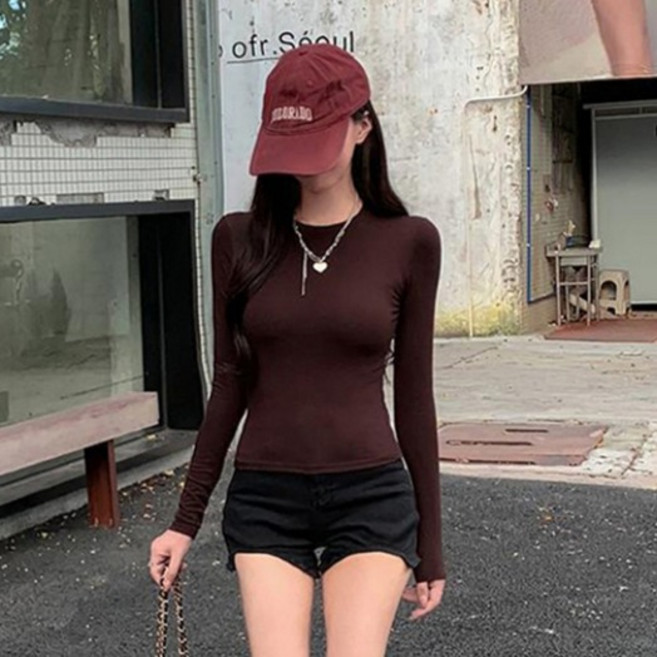 디멜디 여성용 슬림핏 라운드넥 봄 긴팔 티셔츠