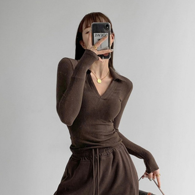 디멜디 여성용 브이넥 슬림핏 봄 긴팔 티셔츠