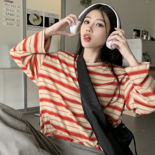 디멜디 여성용 스트라이프 오버핏 봄 긴팔 티셔츠