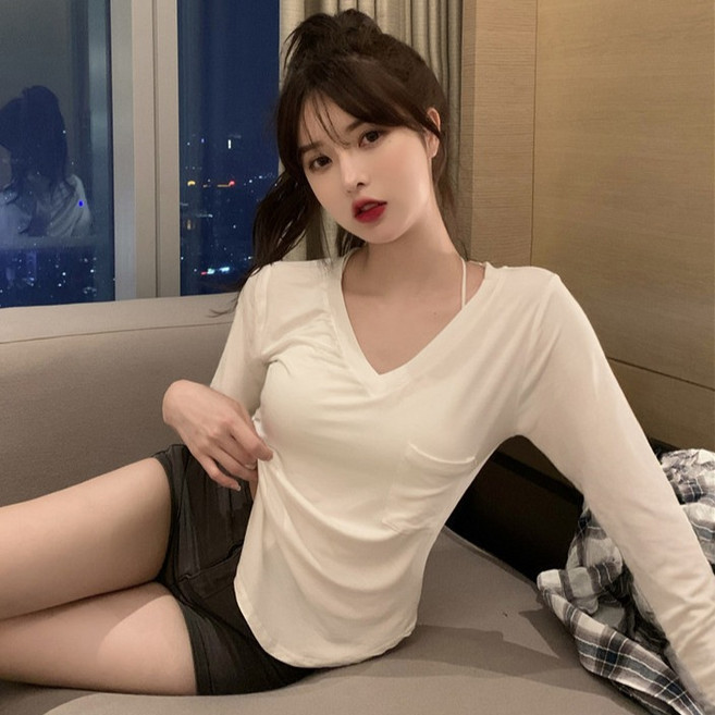 디멜디 여성용 브이넥 베이직 봄 긴팔 티셔츠