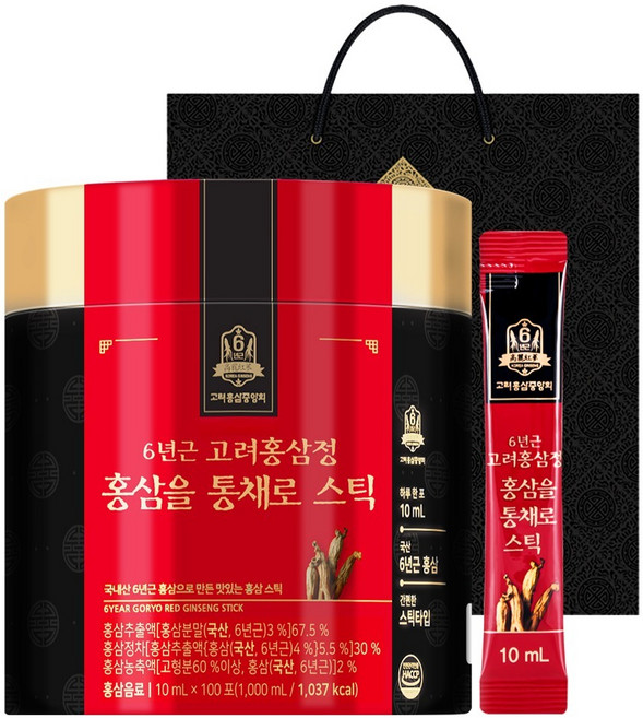 고려홍삼중앙회 6년근 고려홍삼정 홍삼을 통채로 스틱 +쇼핑백, 10ml, 100개