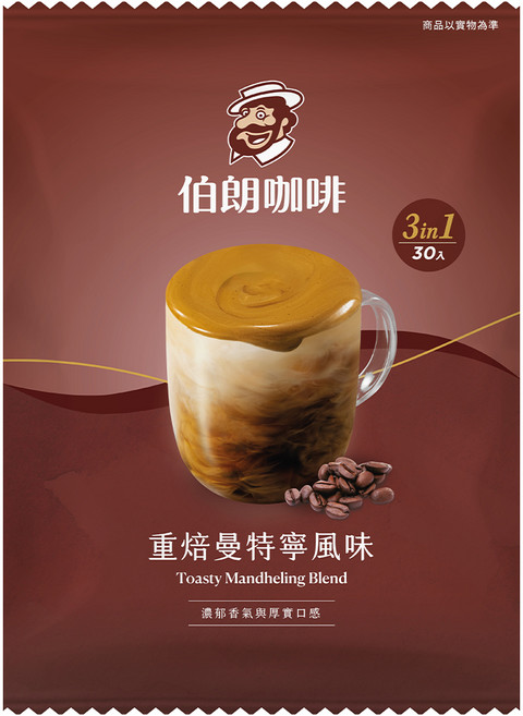 金車 MR.BROWN 伯朗咖啡 3合1即溶咖啡 重焙曼特寧, 16g, 30個裝, 1套