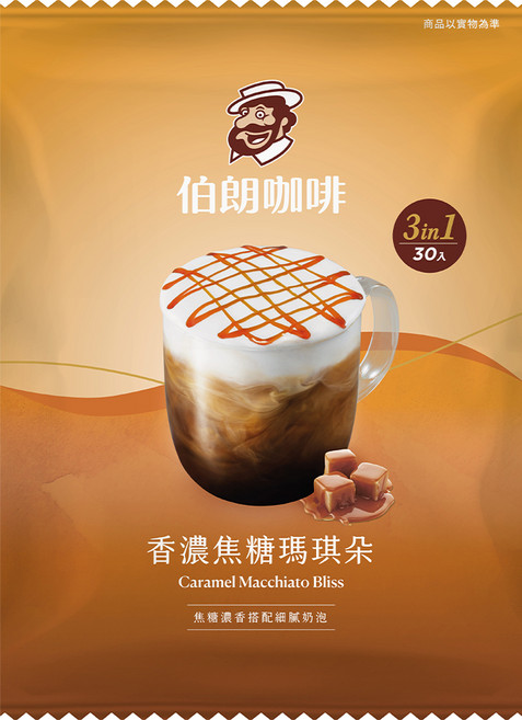 金車 MR.BROWN 伯朗咖啡 3合1即溶咖啡 香濃焦糖瑪琪朵, 15.5g, 30包, 1袋