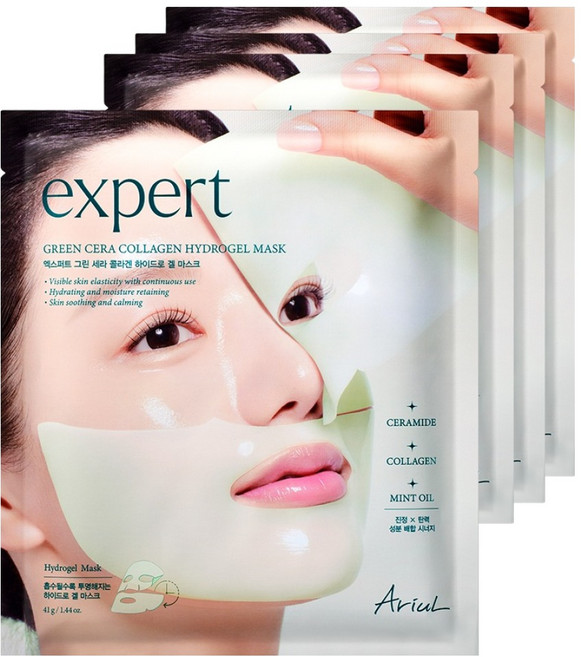 아리얼 엑스퍼트 진정 그린 세라 콜라겐 하이드로 겔 마스크, 4개, 1개입