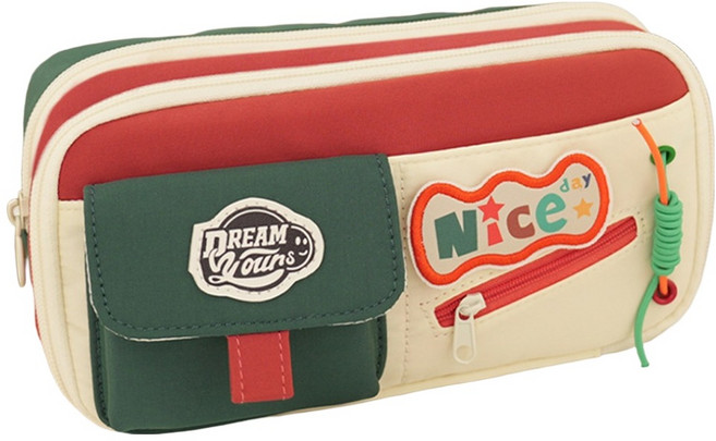 아트조이 레트로 배색 포인트 사각 대용량 다용도 멀티 지퍼필통, 카키, 1개