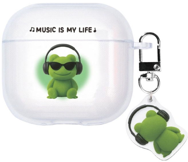 우먼스9999 에어팟 4세대 투명 키링 케이스, 뮤직개구리, 1개
