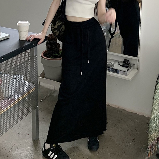 더시럽 여성용 밑단 데미지 캐주얼 롱 밴딩 치마