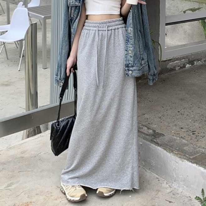 TheSirup 女款下擺破損感休閒長版鬆緊裙