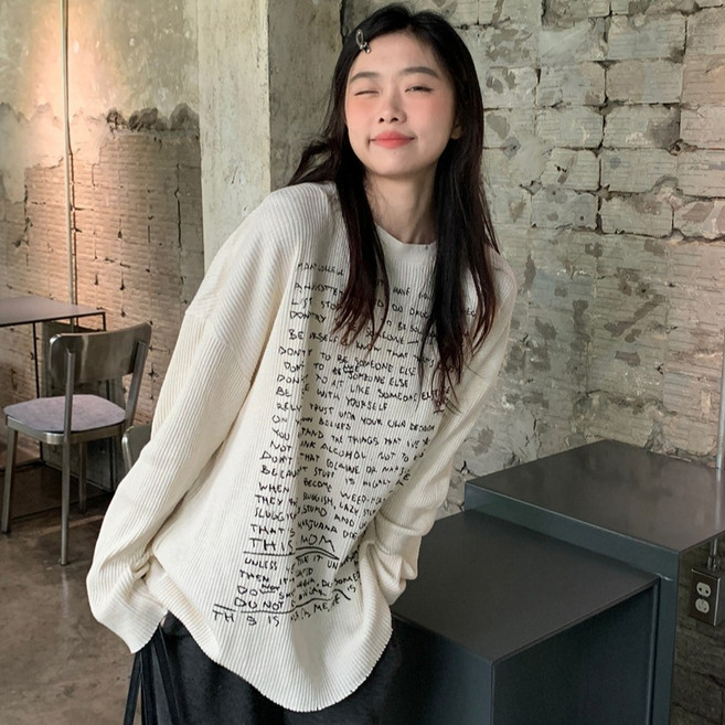 디멜디 여성용 레터링 라운드 루즈핏 데일리 긴팔 티셔츠