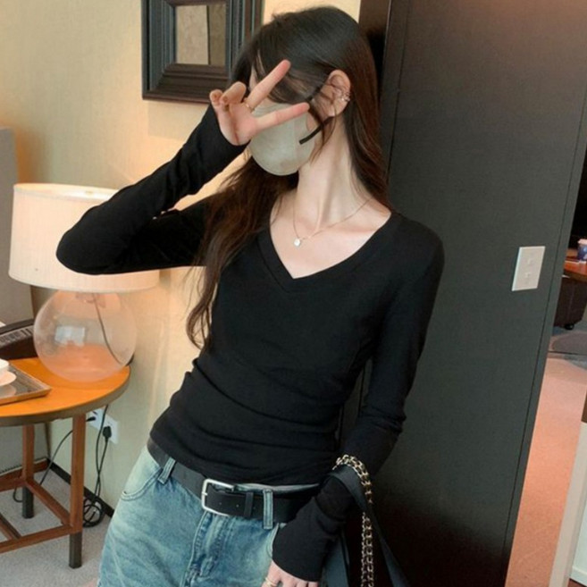 디멜디 여성용 브이넥 슬림핏 베이직 데일리 긴팔 티셔츠