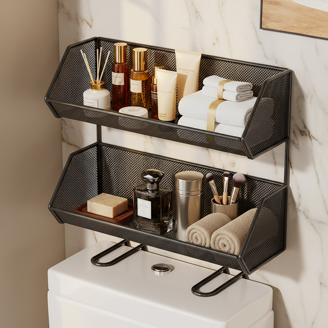 조인메이드 변기 상단 다용도 메쉬 수납 정리 선반 2단, 블랙, 1개