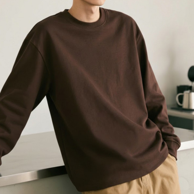 더플로우커머스 남성용 트렌디핏 베이직 라운드넥 긴팔 무지 티셔츠