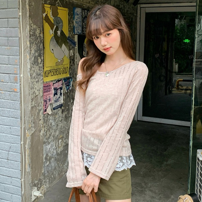 어썸풀 여성용 나스보로 오프숄더 펀칭 긴팔 티셔츠 A26SPT011202