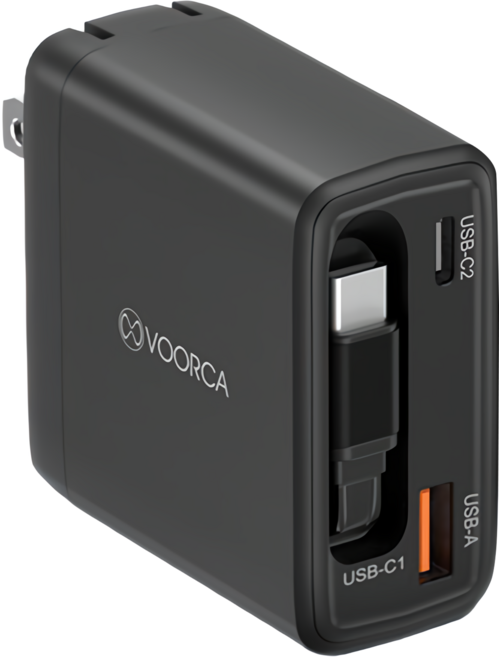 VOORCA 65W 氮化鎵自帶伸縮線 快速充電器 PD-141, 黑色, 1個