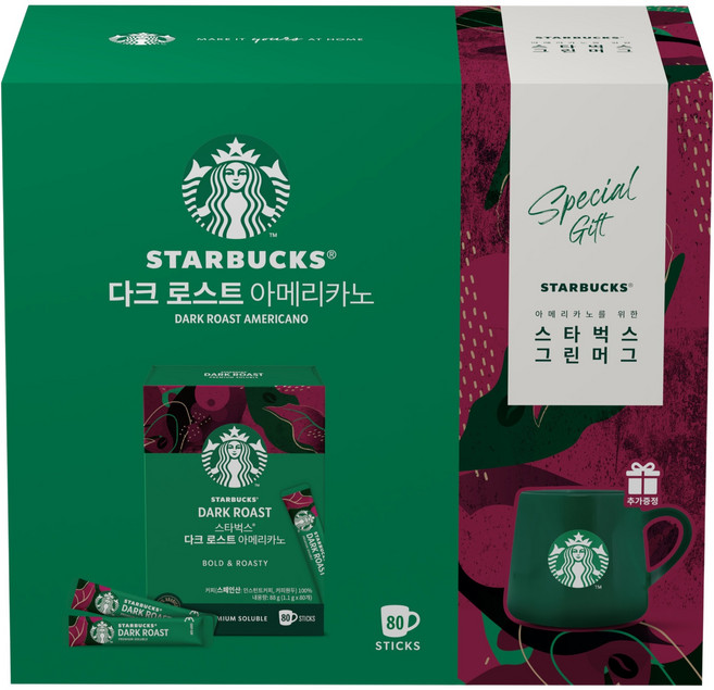 STARBUCKS 星巴克 深度烘焙美式咖啡 1.1g x 80入 + 綠色馬克杯 350ml 套組, 1套, 美式咖啡 1.1g x 80入 + 綠色馬克杯 350ml