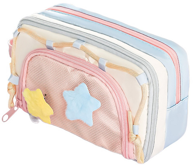 아트조이 레이어드 사각 3지퍼 다층 대용량 필통, 핑크 + 스카이, 1개