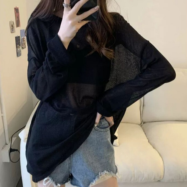 디멜디 여성용 시스루 레이어드 루즈핏 여리여리 긴팔 티셔츠