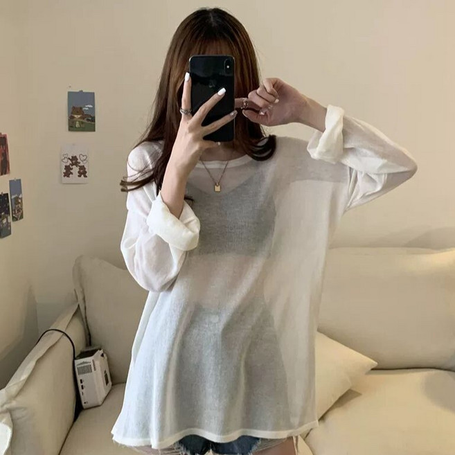 디멜디 여성용 시스루 레이어드 루즈핏 여리여리 긴팔 티셔츠