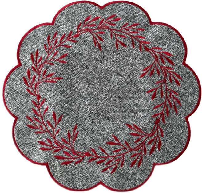 보미프 자수 식탁 방수 원형매트, 그레이 레드 자수, 1개, 38cm