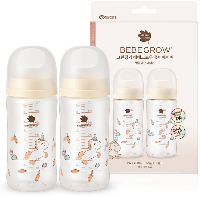 BebeGrow Green Finger Pure Baby PA無奶嘴設計款奶瓶 雙入組 馬豆胡蘿蔔, 280ml, 2個, 奶油色