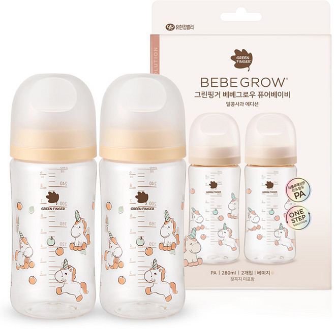 베베그로우 그린핑거 퓨어베이비 PA 노꼭지 디자인 젖병 트윈팩 말콩사과, 2개, 280ml, 베이지