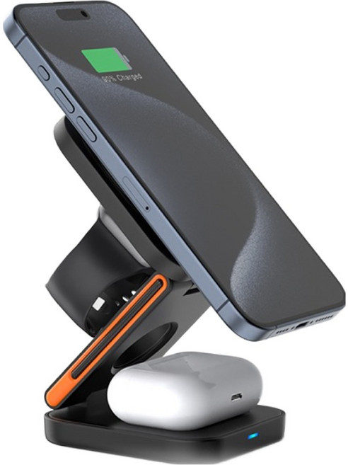 에이커 3in1 폴딩 맥세이프 무선 초경량 15W 고속 마그네틱 충전 거치대, 블랙, 1개