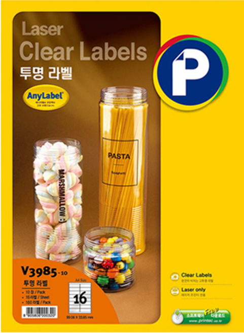 프린텍 레이저용 투명 라벨 V3985-10, 10개, 16칸