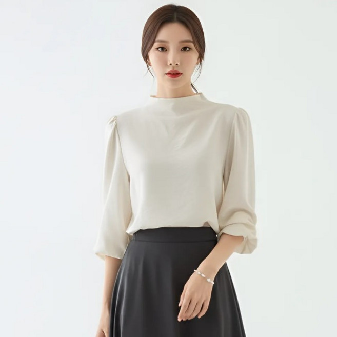 구디프 여성용 프렌치 감성 퍼프소매 라운드넥 블라우스