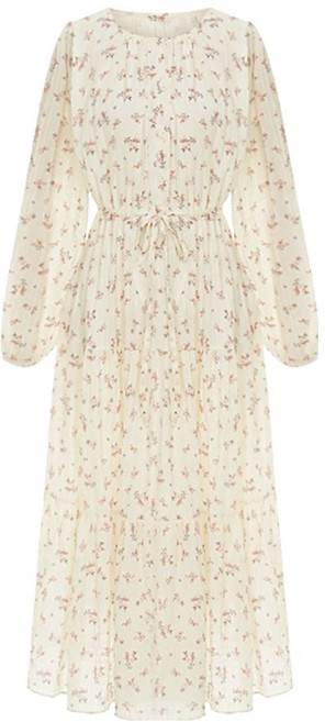 Sellys 雪紡花朵鈕扣長版連身裙 I6A-COP002, 象牙白