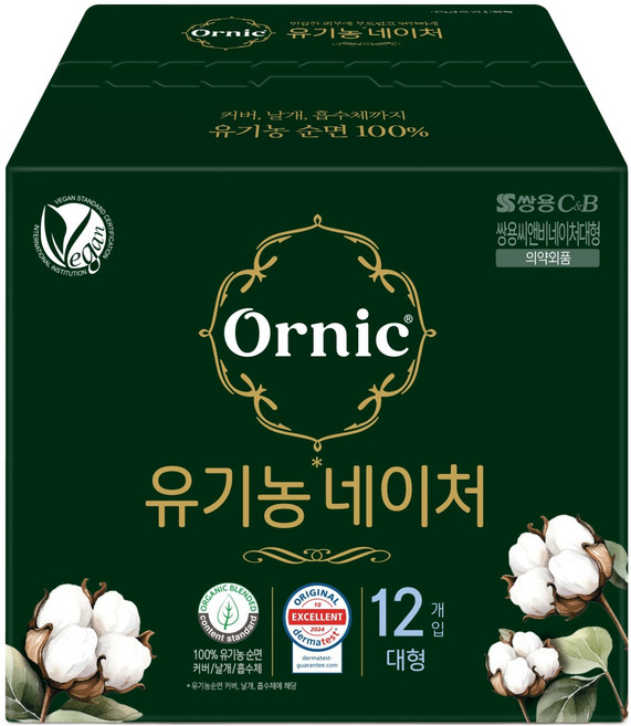 오닉 네이처 순면 생리대 날개형, 대형, 12개입, 1개