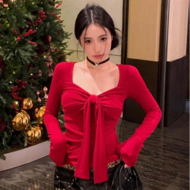 PEONIST 女款蝴蝶結綁帶胸前抓皺長袖修身T恤