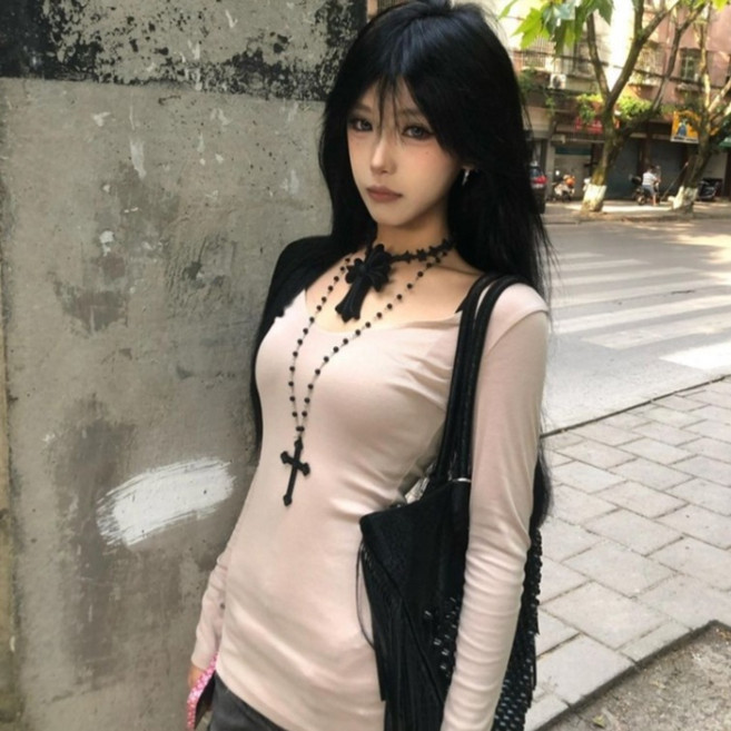 피어니스트 여성용 딥라운드 십자 백포인트 슬림핏 티셔츠